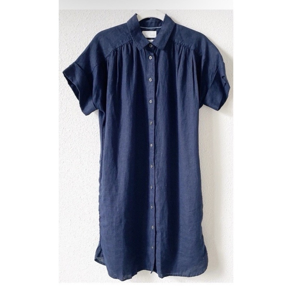 J.Crew Relaxed Linen Shirt Dress Womens M Navy Woven Button Up Minimalist Beach